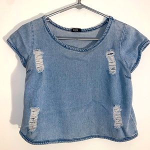 Zara Ripped Denim Cropped Short Sleeve Shirt